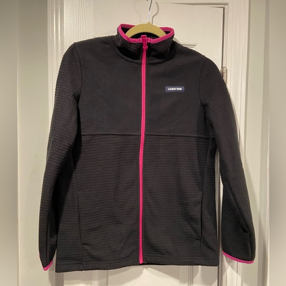 NWT Lands End Girls Size XL Black Pink Waffle Fleece Wind  Resistant Full Zip - Picture 1 of 11